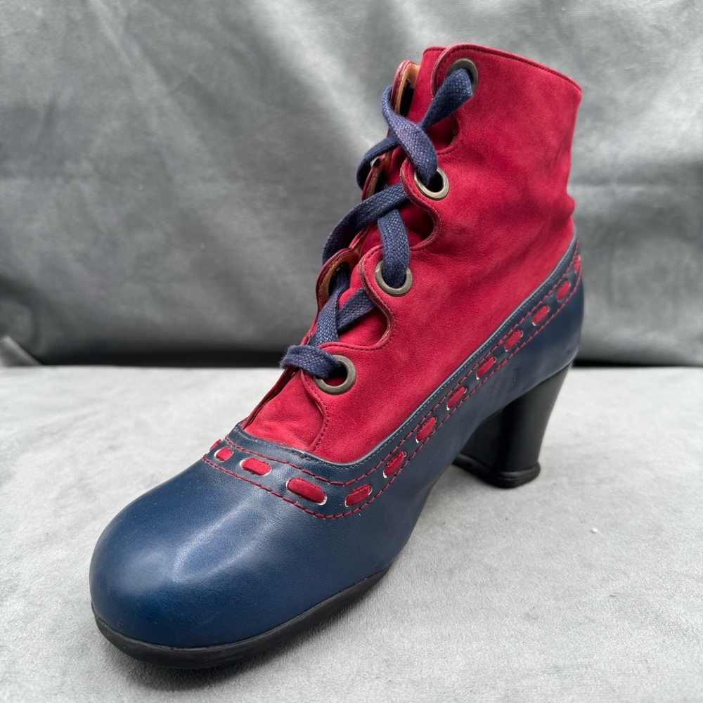 John Fluevog Operetta Bordoni Ankle Boots Women’s 8 Navy & Red Leather - Picture 4 of 16